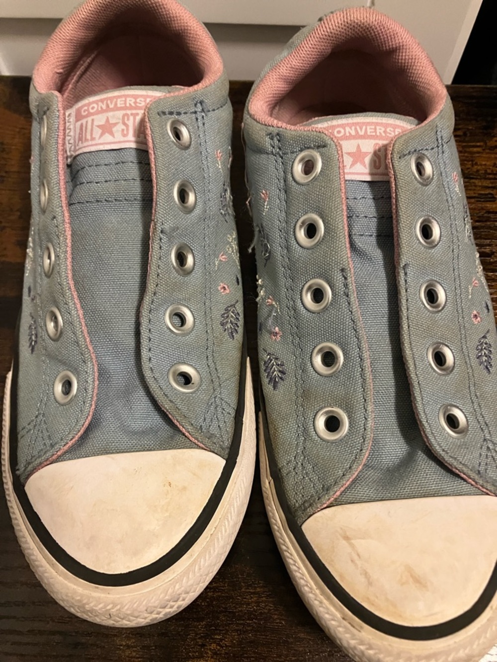 Converse Kids Light Blue Canvas Slip-On Sneakers with Pink Trim